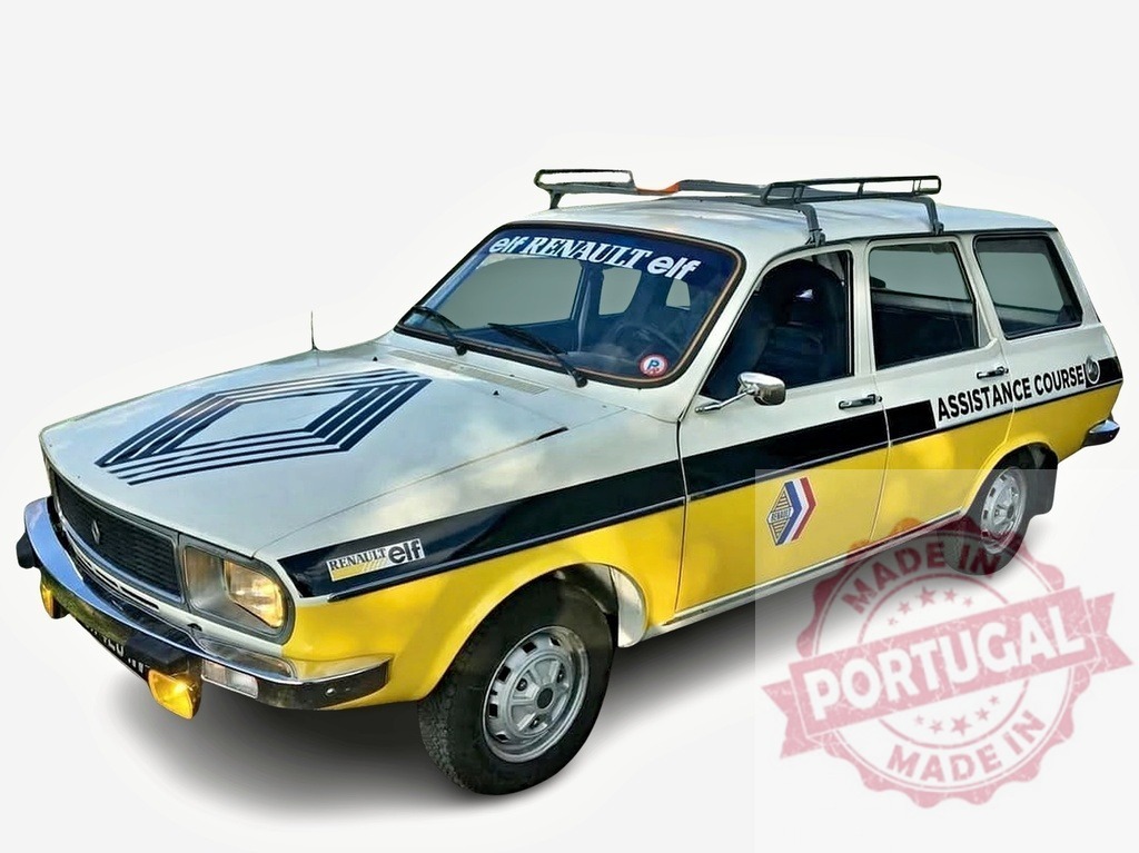 Renault 12 break assistance course Elf competing in a race | Vintage Renault 12 break with Elf and Assistance Course markings, ready for a race - Realisiert mit Pictrs.com