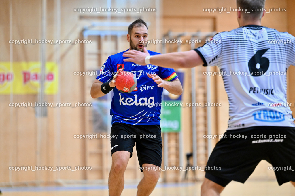 SC Ferlach vs. Schwarz Tirol Handball | #57 LEBAN Patrik SC Ferlach, #6 PETRUSIC Emanuel Schwaz Tirol Handball, SC Ferlach vs. Schwaz Tirol Handball, SC Ferlach vs. Schwaz Tirol Handball am 12.10.2024 in Ferlach (Ballspielhalle Ferlach), Austria, (Photo by Bernd Stefan)