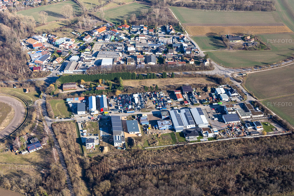 Luftbild: Gewerbegebiet Riedsiedlung in Altrip im Bundesland Rheinland-Pfalz in Deutschland. Foto: IMG_125475.jpg vom 21.02.2021 durch Werner Riehm/FLY-FOTO.de