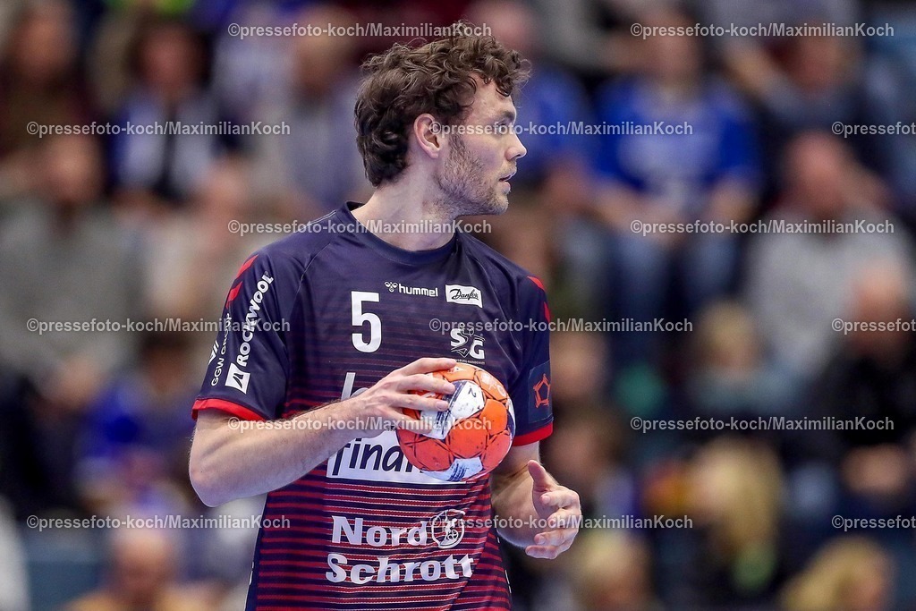 Gum11022501026 | 11.02.2025, Handball, European League - Hauptrunde Gruppe IV, VfL Gummersbach - SG Flensburg-Handewitt, Schwalbe-Arena: Niclas Kirkelokke (Flensburg-Handewitt #5)