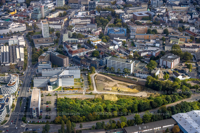 Essen241001661 | Luftbild, Geschäftshäuser mit GNS Gesellschaft für Nuklear Service und Baugebiet an der Kontorhausstraße Ecke Schmiedestraße, Westviertel, Essen, Ruhrgebiet, Nordrhein-Westfalen, Deutschland