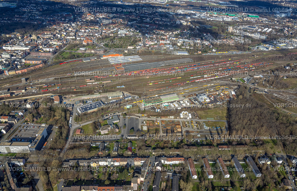 Herne230211811 | Luftbild, Güterbahnhof Herne und Wanne-Eickel Hauptbahnhof, Eiffage Rail Niederlassung der Eiffage Infra-Bau SE, Wanne-Süd, Herne, Ruhrgebiet, Nordrhein-Westfalen, Deutschland
