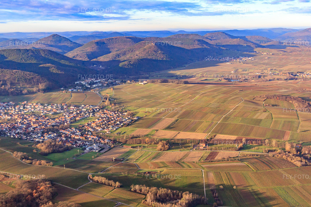 Luftbild: Winzerdorf im Winter zwischen kahlen Weinbergen aus Südosten in Klingenmünster im Bundesland Rheinland-Pfalz in Deutschland. Foto: IMG_61378.jpg vom 15.12.2013 durch Werner Riehm/FLY-FOTO.de
