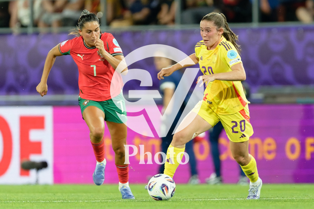 Portugal v Belgium: UEFA Women's EURO 2025 Group B | SION, SWITZERLAND - JULY 11: Francisca Nazareth of Portugal (L) and Marie Detruyer of Belgium (R) fight for possession  during the UEFA Women's EURO 2025 Group B match between Portugal and Belgium at Stade de Tourbillon on July 11, 2025 in Sion, Switzerland. (Photo by Giuseppe Velletri/Sports Press Photo/Getty Images)