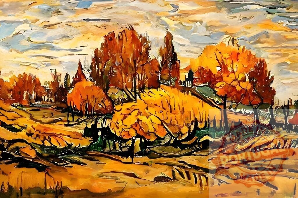 Autumn impressionism painting featuring trees in fall landscape | Impressionist style painting showing a vibrant fall landscape with warm colored trees and fields - Realized with Pictrs.com