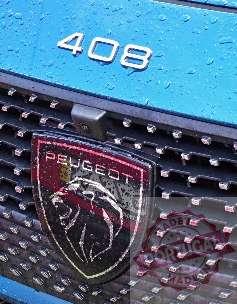 Peugeot 408 car badge detail with water droplets | Peugeot car emblem and 408 model number on blue car body with rain - Realisiert mit Pictrs.com