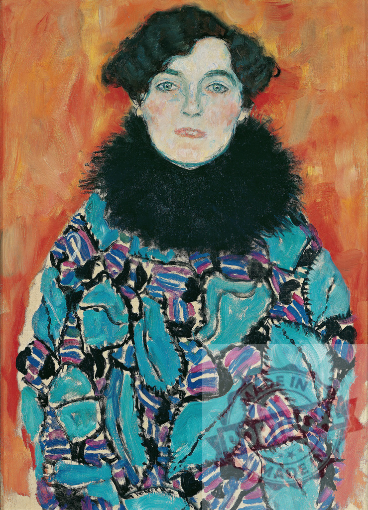 Gustav klimt Woman portrait by Egon Schiele wearing patterned coat | Woman in expressive portrait painting featuring striking fur collar and colorful blue-purple patterned coat - Realized with Pictrs.com