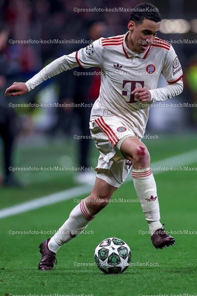 UCL11032502489 | 11.03.2025, Fußball, UEFA Champions League, Bayer 04 Leverkusen - FC Bayern München, Achtelfinale Rückspiel, BayArena, Saison 2024 2025: Jamal Musiala (FC Bayern #42)DFB regulations prohibit any use of photographs as image sequences and or quasi-video.