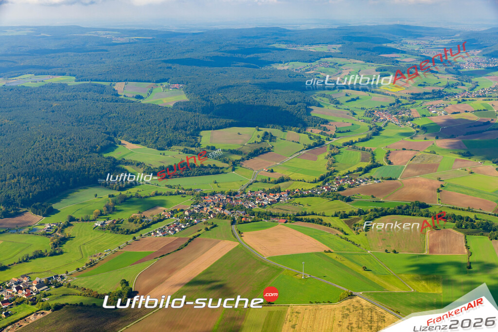 Klassische Luftaufnahme ohne Drohne zeigt:Prölsdorf bei Rauhenebrach - Die Luftbildaufnahme wurde 2025 vom UL-Flugzeug heraus erstellt ( keine Drohne ) - Hochauflösende Luftaufnahme -Nicht vergleichbar mit Google Maps oder Satelittenbilder- Die Geschenkidee !Mit Lizenz und Bildrechte bestellbar