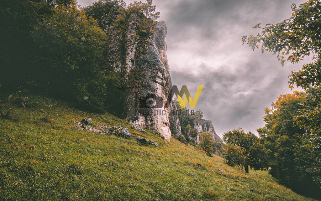 Felsformation im regnerischen Altmühltal in Franken | Die Region ist bekannt für ihre beeindruckende Natur mit sanften Hügeln und markanten Felsformationen.Die Altmühl schlängelt sich idyllisch durch die Landschaft.Der Naturpark Altmühltal ist auch als „Fossilien-Region“ bekannt. - Realisiert mit Pictrs.com