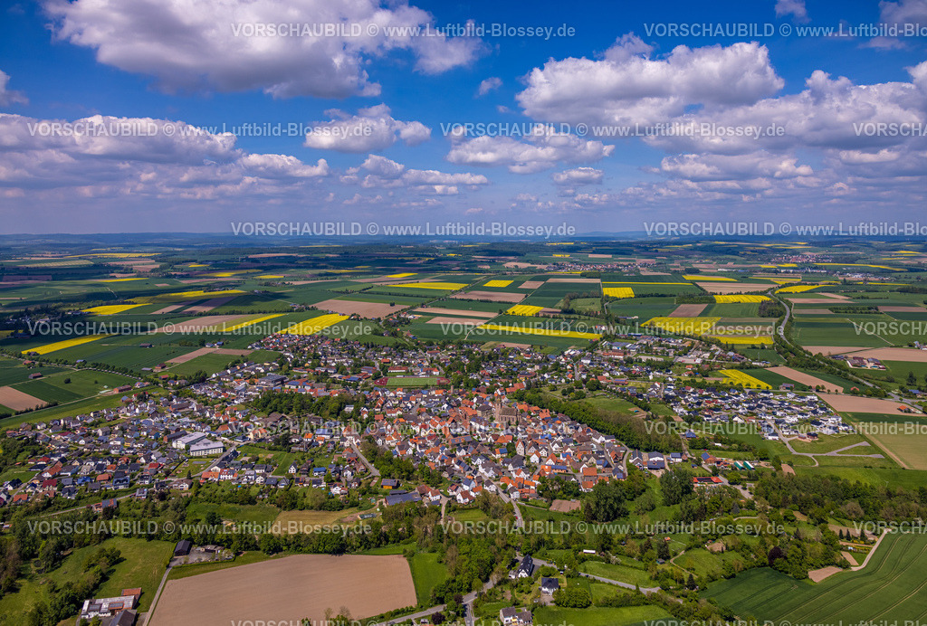 Borgentreich240505097Borgholz | Luftbild, Wohngebiet Ortsansicht Borgentreich, im Zentrum St. Johann Baptist Kirche, Fußballstadion und Leichtathletikstadion des VfR Borgentreich, Fernsicht mit blauem Himmel und kachelförmigen Wiesen und Feldern, Borgentreich, Ostwestfalen, Nordrhein-Westfalen, Deutschland