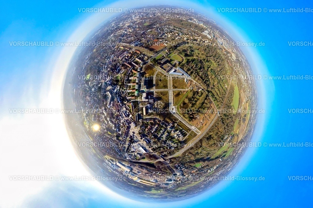 Bochum240190064Altenbochum-AlterFriedhof_Fish | Luftbild, Wohngebiet und Baustelle, Ostpark Quartier Feldmark, Baustelle ehemaliger Alter Friedhof, Erdkugel, Fisheye Aufnahme, Fischaugen Aufnahme, 360 Grad Aufnahme, tiny world, little planet, fisheye Bild, Altenbochum, Bochum, Ruhrgebiet, Nordrhein-Westfalen, Deutschland