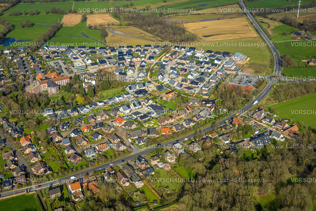 Isselburg240314099 | Luftbild, Neubau-Wohngebiet Linders Feld, Kreisverkehr Isselburger Straße, Breels und Hahnerfeld, und Ortsansicht Anholt, Isselburg, Nordrhein-Westfalen, Deutschland