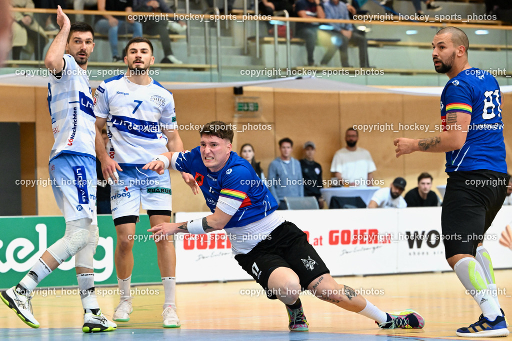 SC Ferlach vs. HC Linz AG 11.10.2023 | #39 HAMZIC Arnad HC LINZ, #7 GRGIC Mislav HC LINZ, #17 PAVLOV Hari SC Ferlach, #81 MILICEVIC Adrian SC Ferlach, SC Ferlach vs. HC Linz AG 11.10.2023, SC Ferlach vs. HC Linz AG am 11.10.2023 in Ferlach (Ballspielhalle Ferlach), Austria, (Photo by Bernd Stefan)