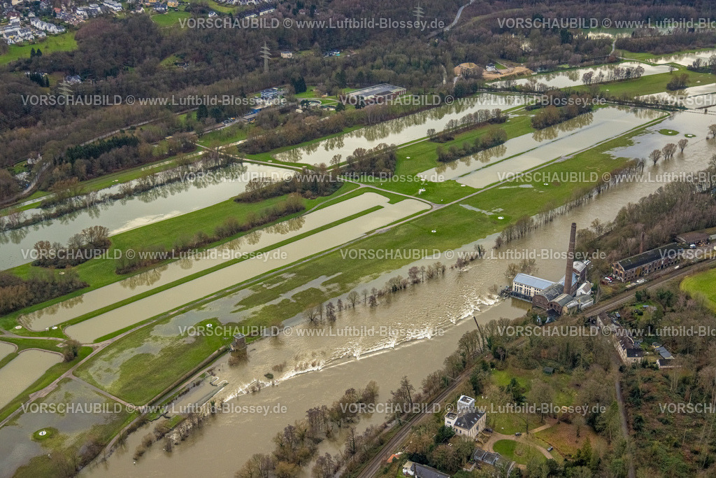 Essen231202538Ruhr | Luftbild, Ruhrhochwasser, Weihnachtshochwasser 2023, Fluss Ruhr tritt nach starken Regenfällen über die Ufer, Überschwemmungsgebiet Wassergewinnungsgebiet am Wasserkraftwerk Horster Mühle, Horst, Essen, Ruhrgebiet, Nordrhein-Westfalen, Deutschland