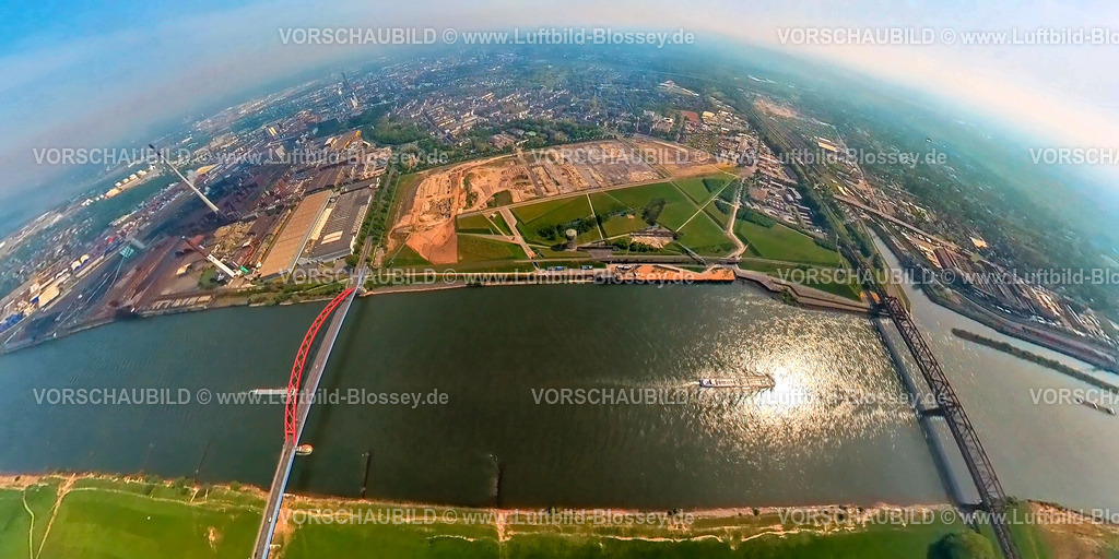 Duisburg240590046Rheinpark_Rhein_Hochfeld | Luftbild, Fluss Rhein und Baustelle Rheinpark Duisburg für geplante Wohnanlage RheinOrt Hochfeld, Brücke der Solidarität und Hochfelder Eisenbahnbrücke, links Duisburger Kupferhütte DK-Werksgelände, Hochfeld, Duisburg, Nordrhein-Westfalen, Deutschland