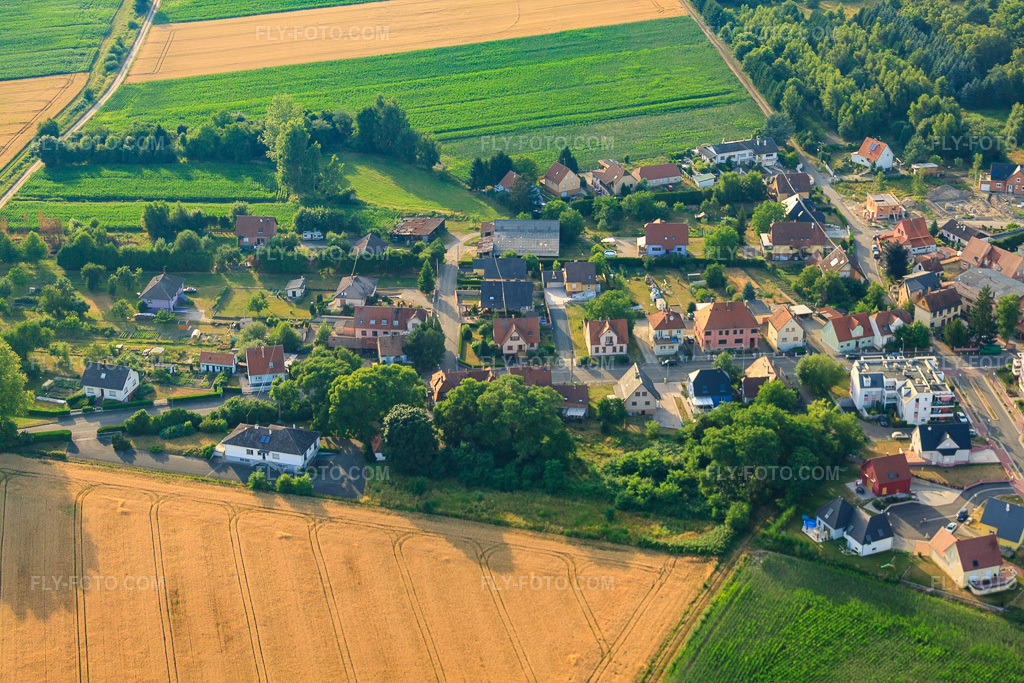 Aerial view: Rue de Gries in Bischwiller in the state Bas-Rhin, France. – Photo: IMG_30405.jpg taken on 07/09/2010 by Werner Riehm/FLY-FOTO.com – Resolution of the original: 4752 x 3168 px