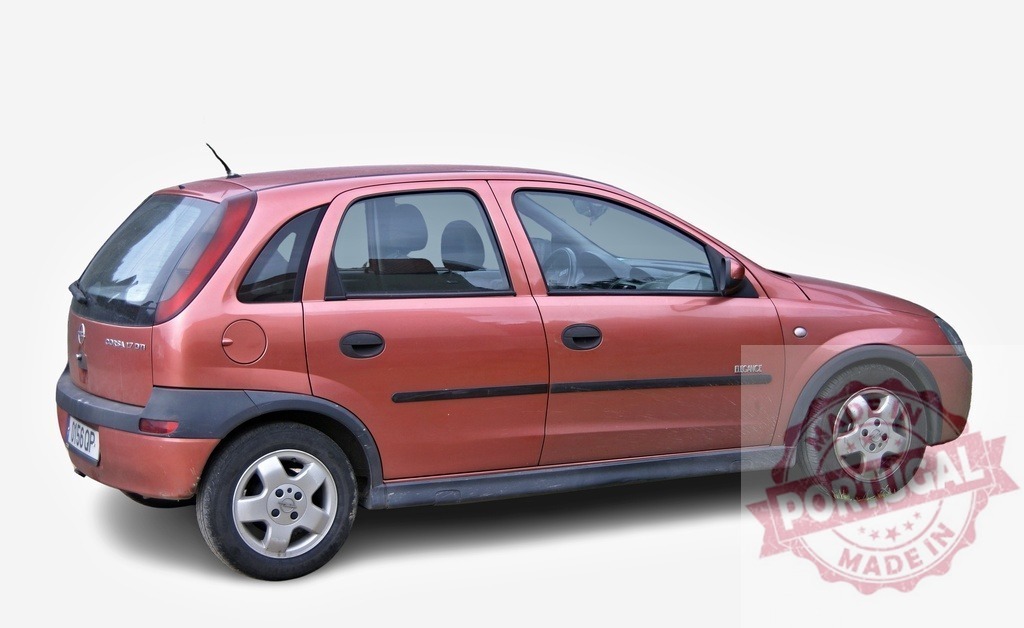 Red Opel Corsa Enjoy parking on white background | Red Opel Corsa Enjoy with three doors parked on a white background - Realized with Pictrs.com