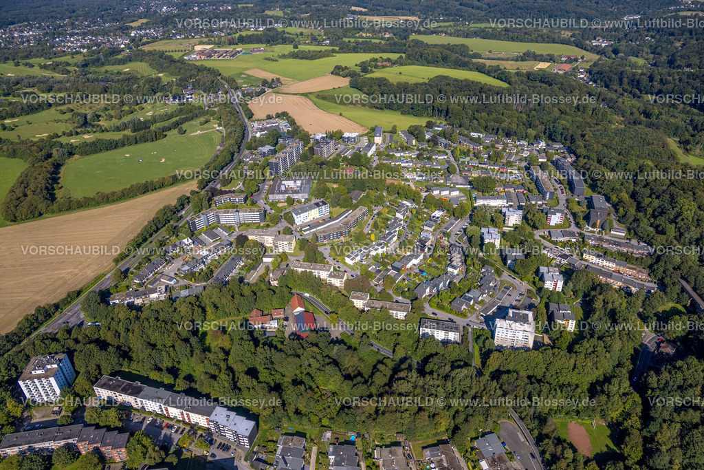 Heiligenhaus240813145 | Luftbild, Wohngebiet und Wohnsiedlung Ortsteil Unterilp, Siedlung mit Flussnamen, Bundesstraße B227 Höseler Straße, Heiligenhaus, Ruhrgebiet, Nordrhein-Westfalen, Deutschland