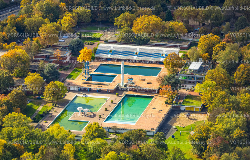 Essen251003027Mitte | Luftbild, Grugabad im Grugapark mit herbstlichen Bäumen, Rüttenscheid, Essen, Ruhrgebiet, Nordrhein-Westfalen, Deutschland