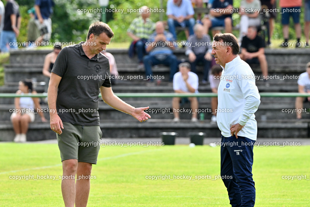 FC Faakersee vs. Union Matrei | Headcoach FC Faakersee Robert Samonig, Headcoach Matrei Harald Panzl, FC Faakersee vs. Union Matrei, FC Faakersee vs. Union Matrei am 18.08.2024 in Finkenstein (Sportplatz Faakersee), Austria, (Photo by Bernd Stefan)