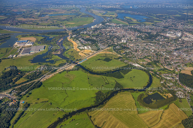 Wesel240805588Lippemuendung300dpi | Luftbild, Lipperenaturierung, Lippemündung in den Rhein, B58n Südumgehung, Lippeverlauf, Fluss Lippe, Lippeverband, Fusternberg, Wesel, Ruhrgebiet, Nordrhein-Westfalen, Deutschland