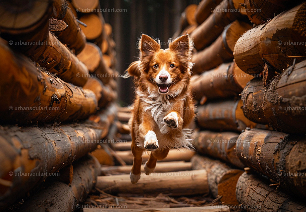 Dog Running In Between Piles Of Wood | An adorable action shot of a dog joyfully running through wood piles. Great for pet lovers and spaces needing a playful, outdoor vibe. - Realisiert mit Pictrs.com