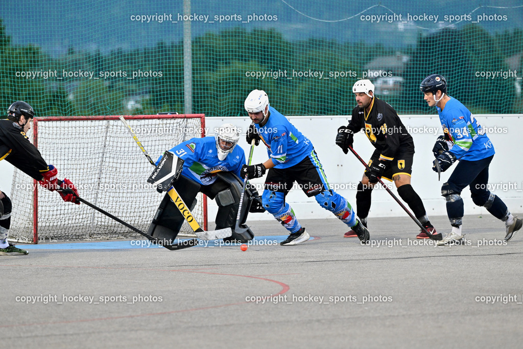 ASKÖ Hockey Villach vs. VAS Ballhockey  | #31 LEPUSCHITZ Leo ASKÖ Villach Hockey, #11 HEU Marco ASKÖ Villach Hockey, #90 Edlinger Patrick VAS Villach, #34 PRODINGER Dominik ASKÖ Villach Hockey, ASKÖ Hockey Villach vs. VAS Ballhockey , ASKÖ Hockey Villach vs. VAS Ballhockey  am 06.07.2025 in Villach (Alpen Arena ), Austria, (Photo by Bernd Stefan)