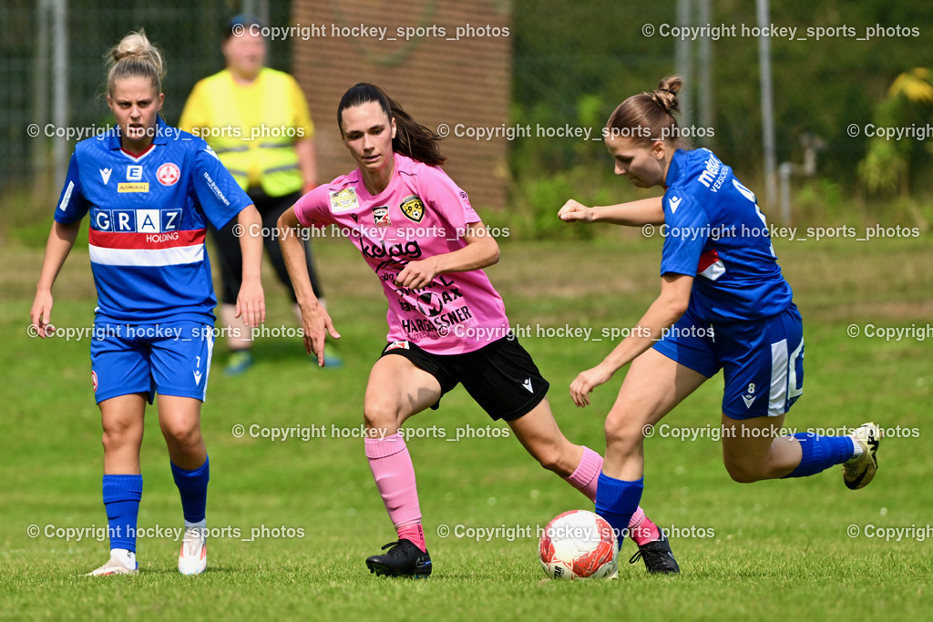 Carinthians Hornets vs. GAK 1902 Frauen | #7 Vanessa Kraker GAK, #18 Laura Therese Kert Carinthians Hornets, #8 Marie Haiden GAK, Carinthians Hornets vs. GAK 1902 Frauen, Carinthians Hornets vs. GAK 1902 Frauen am 01.09.2024 in Sachsenburg (Sportplatz Sachsenburg), Austria, (Photo by Bernd Stefan)