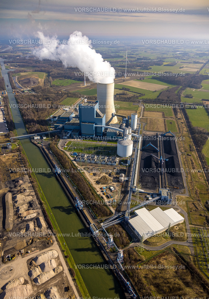 Datteln240300043EON-Kraftwerk | Luftbild, EON Kraftwerk Datteln 4 der Uniper Kraftwerke GmbH, mit rauchendem Kühlturm am Dortmund-Ems-Kanal, Dümmer, Datteln, Ruhrgebiet, Nordrhein-Westfalen, Deutschland