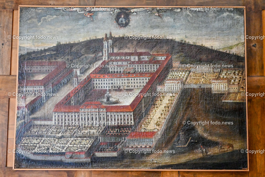 Stift St. Florian_ 08.08.023-34 | 08.08.2023, St. Florian, AUT, Augustiner Chorherrenstift St. Florian, im Bild Ansicht des Augustiner Chorherrenstift St. Florian auf einem Gemaelde