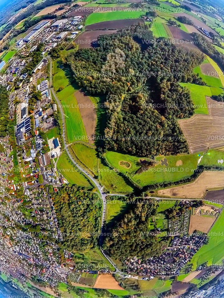 Selm241190521Bork | Luftbild, Gewerbegebiet Industriestraße mit Zeche-Hermann-Wall und Waldstück, Erdkugel, Fisheye Aufnahme, Fischaugen Aufnahme, 360 Grad Aufnahme, tiny world, little planet, fisheye Bild, Selm, Ruhrgebiet, Nordrhein-Westfalen, Deutschland