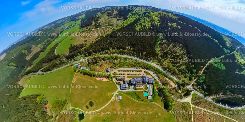 Schmallenberg240590305HotelRimberg | Luftbild, Hotel Rimberg, 4-Sterne Wellnesshotel in waldreicher Landschaft, Gastronomie, hauseigene Kapelle, Erdkugel, Fisheye Aufnahme, Fischaugen Aufnahme, 360 Grad Aufnahme, tiny world, little planet, fisheye Bild, Fredeburg, Schmallenberg, Sauerland, Nordrhein-Westfalen, Deutschland