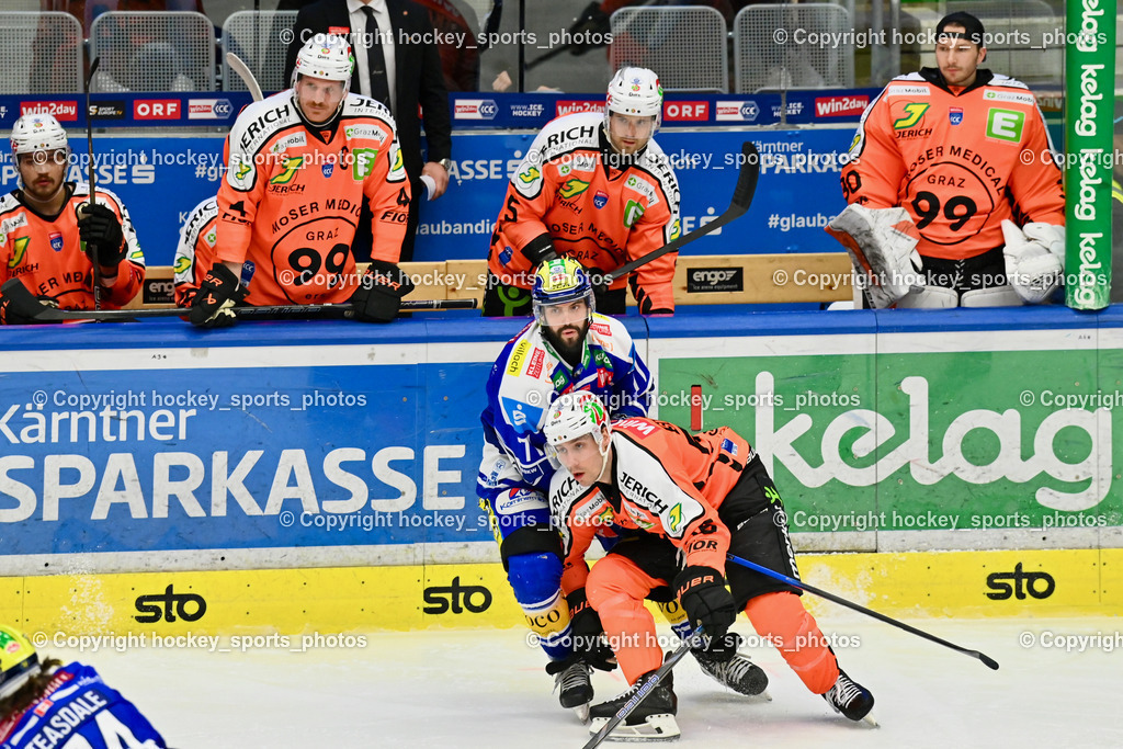 EC IDM WÄRMEPUMPEN VSV vs. MOSER MEDICAL GRAZ99ERS | #55 Nick Swaney Graz 99ers, #71 Steven Strong EC VSV, Spielerbank Graz 99ers, #4 Korbinian Holzer Graz 99ers, #5 Kasper Kotkansalo Graz 99ers, #30 Nicolas Wieser Graz 99ers, EC IDM WÄRMEPUMPEN VSV vs. MOSER MEDICAL GRAZ99ERS, EC IDM WÄRMEPUMPEN VSV vs. MOSER MEDICAL GRAZ99ERS am 12.03.2026 in Villach (Stadthalle Villach), Austria, (Photo by Bernd Stefan)