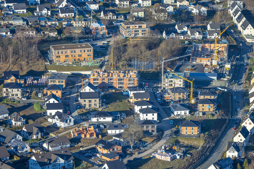 Meschede230206036 | Luftbild, Baustelle und Neubaugebiet Ziegelei II mit AWO KIndergarten in Holzbauweise, Meschede-Stadt, Meschede, Sauerland, Nordrhein-Westfalen, Deutschland
