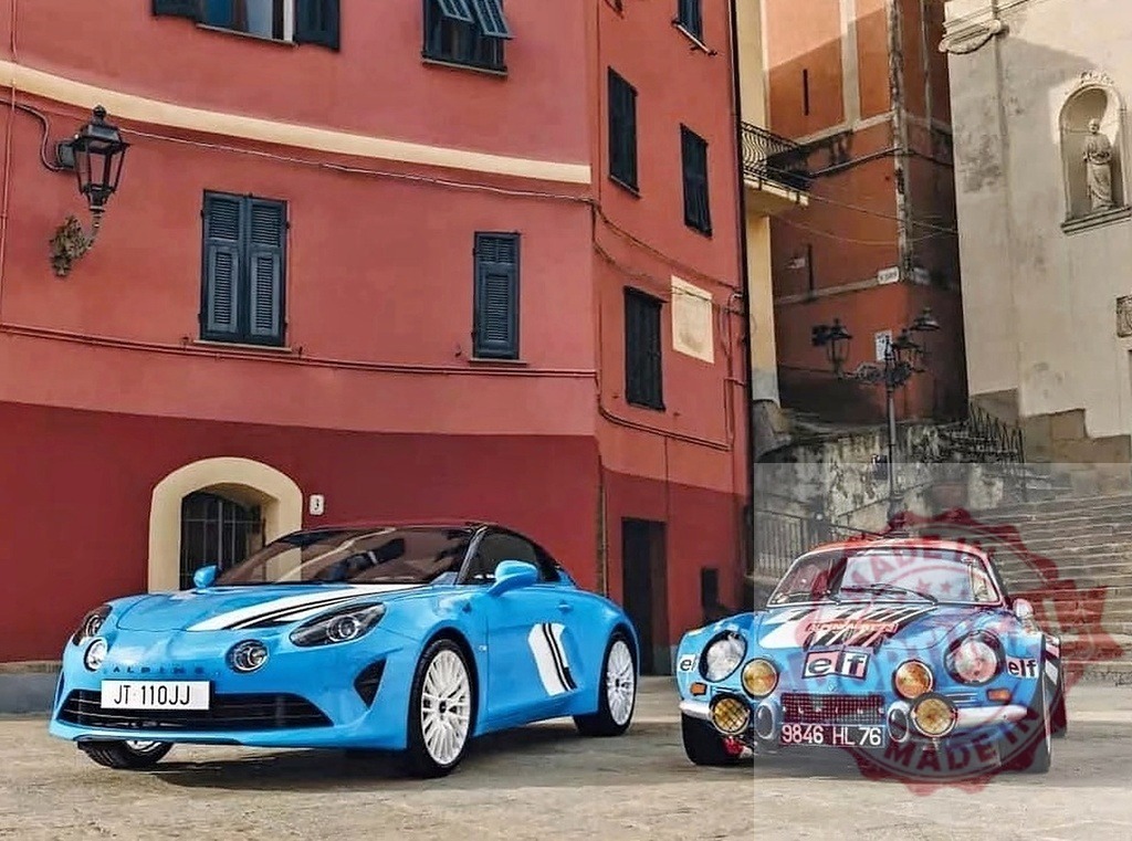 Alpine A110 sports cars representing classic and modern eras | Alpine A110 classic and modern sports cars parked on an old European street - Realisiert mit Pictrs.com