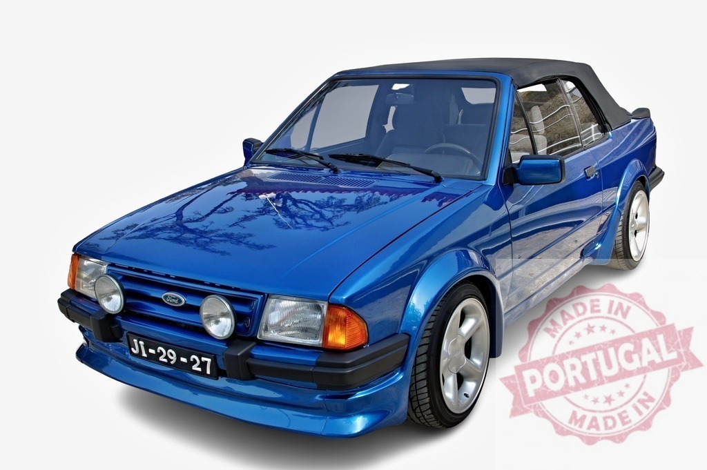 Blue Ford Escort convertible classic 80s car isolated | Blue Ford Escort Mark 3 cabriolet retro classic car with black soft top on white background - Realized with Pictrs.com