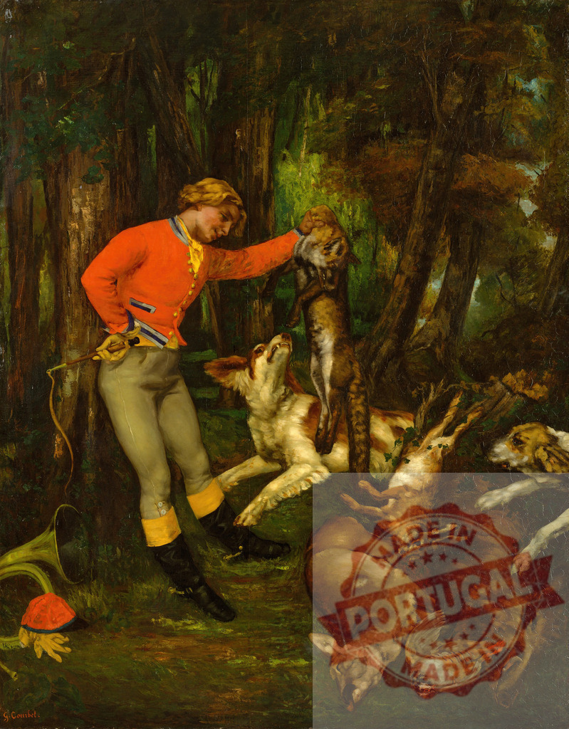 Gustave Courbet Gustave Courbet artwork hunter holding dead fox in forest | Hunter holding a dead fox, surrounded by hunting dogs and game animals in a dark forest - Realized with Pictrs.com