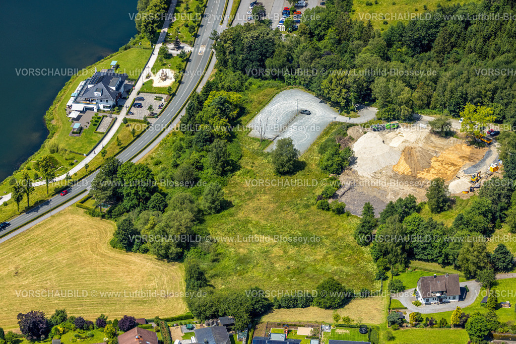 Sundern240708976 | Luftbild, Sorpesee Vorbecken und Goldbäckerei Grote GmbH &amp; Co. KG Restaurant, Baustelle ehemaliges Freibad, Amecke, Sundern, Sauerland, Nordrhein-Westfalen, Deutschland