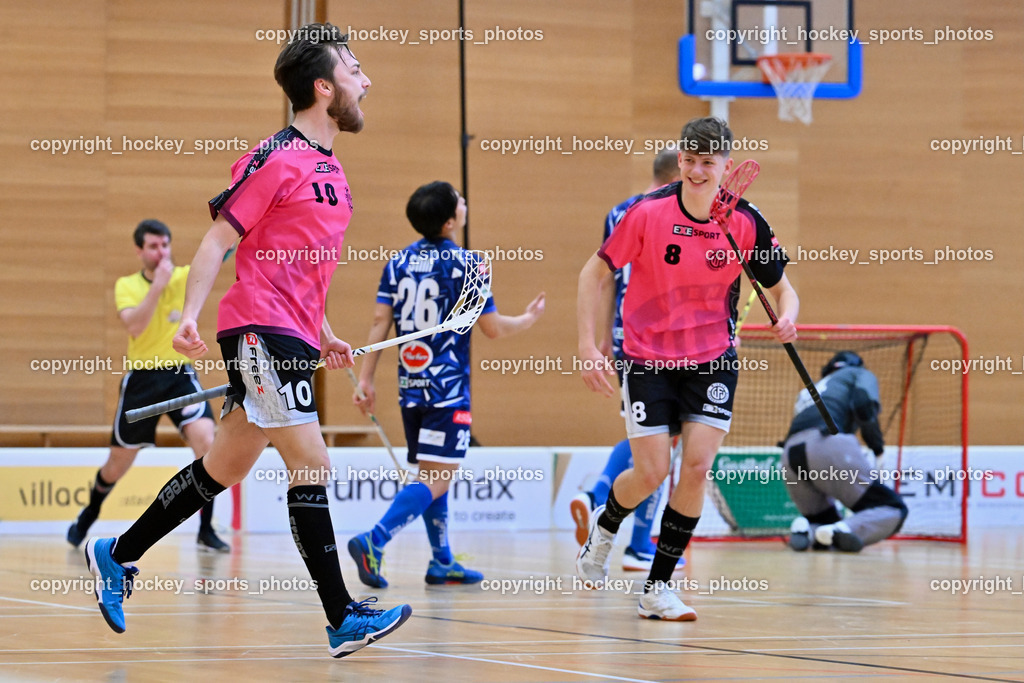 VSV Unihockey vs. Wiener Floorballferein 6.4.2024 | #10 Philipp Horn Wiener Floorballverein, #8 Maximilian Kuscher Wiener Floorballverein, VSV Unihockey vs. Wiener Floorballferein 6.4.2024, VSV Unihockey vs. Wiener Floorballferein  am 06.04.2024 in Villach (Ballspielhalle St. Martin), Austria, (Photo by Bernd Stefan)