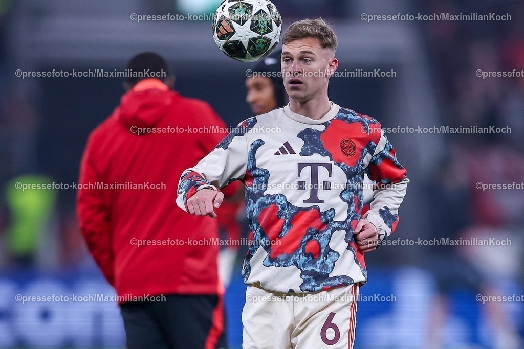 UCL11032502173 | 11.03.2025, Fußball, UEFA Champions League, Bayer 04 Leverkusen - FC Bayern München, Achtelfinale Rückspiel, BayArena, Saison 2024 2025: Joshua Kimmich (FC Bayern #6)DFB regulations prohibit any use of photographs as image sequences and or quasi-video.