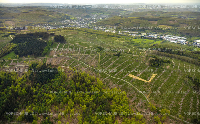 Burbach240502391GrosserStein | Luftbild, Waldgebiet Die Höh und NSG Naturschutzgebiet Großer Stein mit Bundesstraße B54, Waldschäden, Hügel und Täler mit Wohngebieten, Blick nach Burbach, Holzhausen, Burbach, Nordrhein-Westfalen, Deutschland