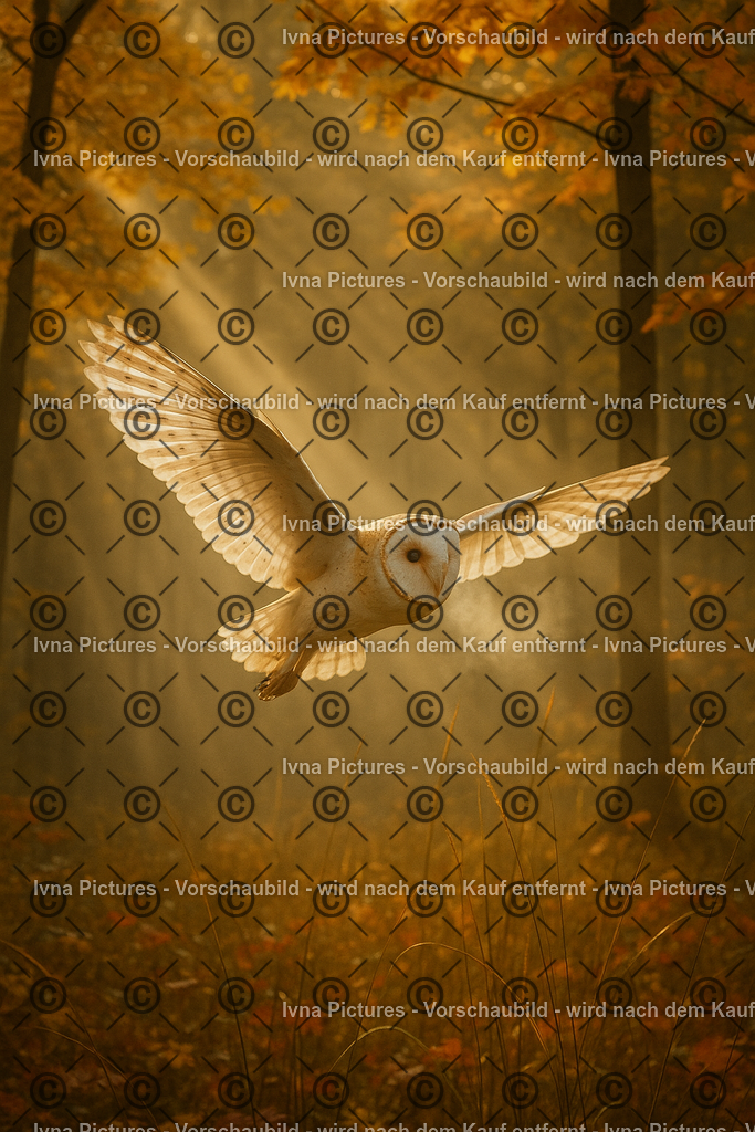Eule im goldenen Herbstlicht | Eine weiße Eule gleitet lautlos durch einen herbstlichen Wald, während Sonnenstrahlen den Nebel durchbrechen. Die Szene wirkt mystisch und friedlich zugleich. - Realisiert mit Pictrs.com