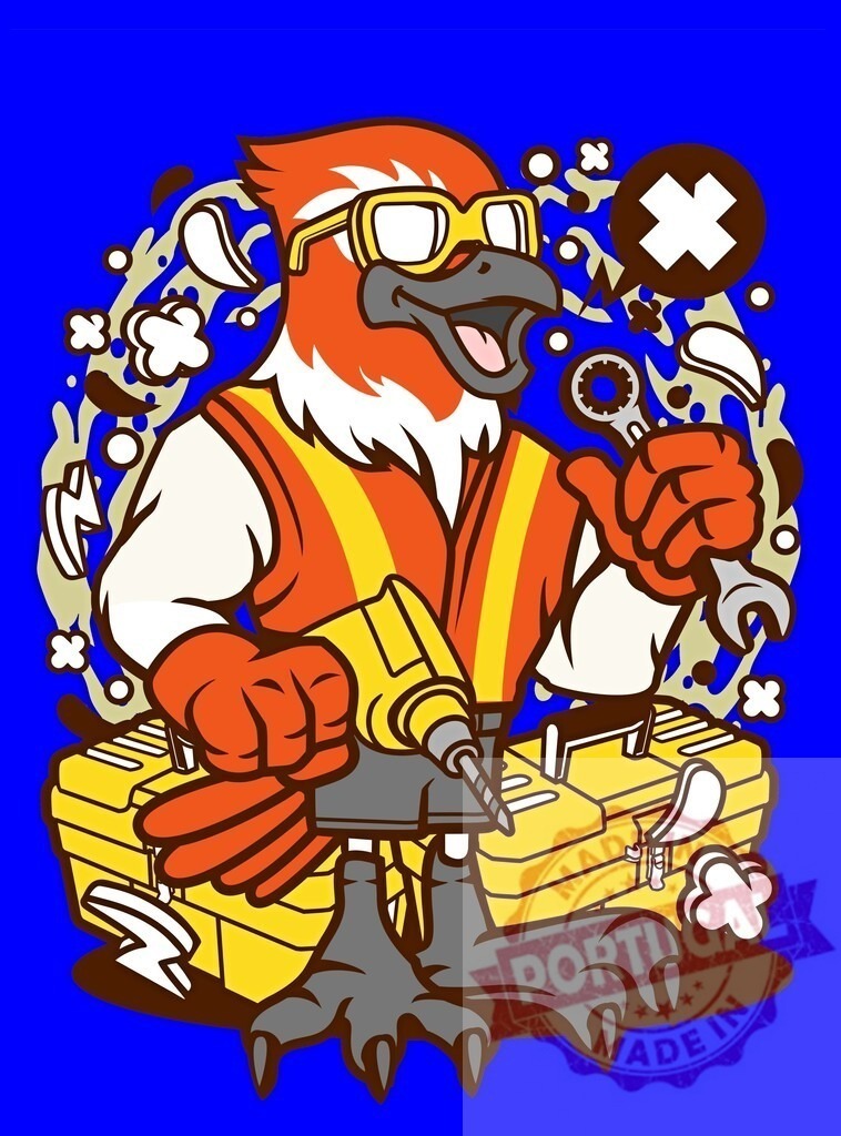 Cartoon bird construction worker holding drill and wrench. T-Shirt design | Cartoon bird wearing safety vest and goggles, holding a drill and wrench with toolboxes - Realisiert mit Pictrs.com