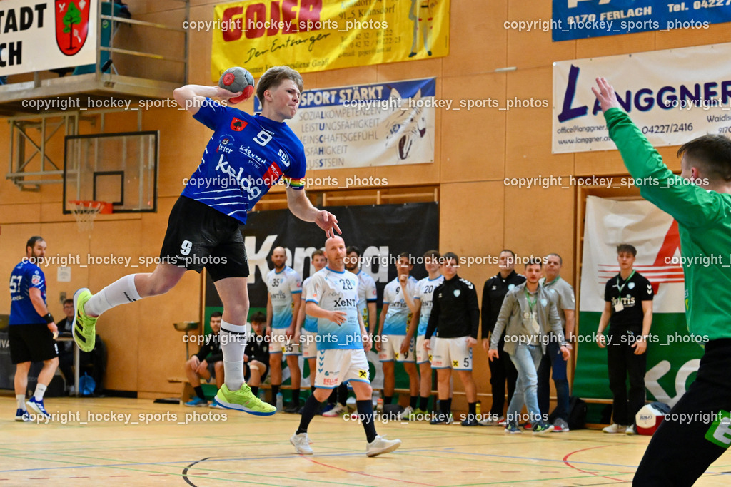 SC Ferlach vs. HSG Bärnbach/Köflach 30.3.2024 | #9 SAGER Nico SC Ferlach, #99 Strasek Denis HSG Bärnbach, SC Ferlach vs. HSG Bärnbach/Köflach 30.3.2024, SC Ferlach vs. HSG Bärnbach/Köflach am 30.03.2024 in Ferlach (Ballspielhalle Ferlach), Austria, (Photo by Bernd Stefan)