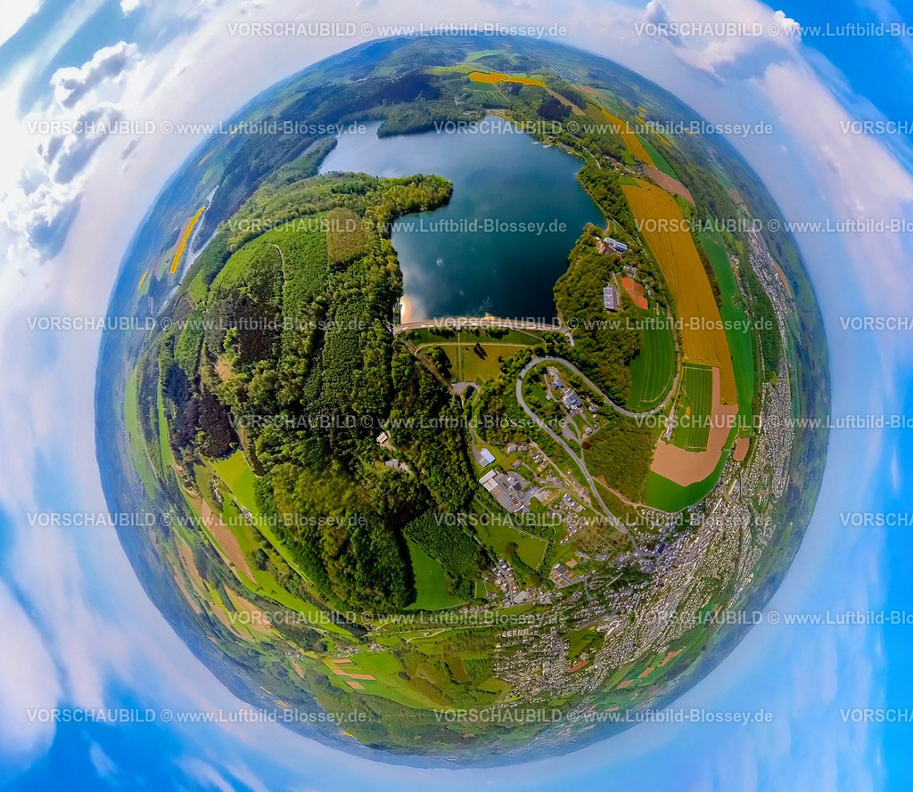 Meschede240590344Hennesee | Luftbild, Hennesee in waldreicher Umgebung, Erdkugel, Fisheye Aufnahme, Fischaugen Aufnahme, 360 Grad Aufnahme, tiny world, little planet, fisheye Bild, Meschede-Stadt, Meschede, Sauerland, Nordrhein-Westfalen, Deutschland