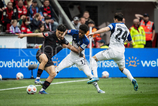 German Bundesliga, Bayer 04 Leverkusen vs. Hamburger SV, 16.05.2026 | LEVERKUSEN, GERMANY - MAY 16, 2026 :  Ibrahim Maza (Bayer 04 Leverkusen, 30) tackled by Warmed Omari (Hamburger SV, 17) and Nicolas Capaldo (Hamburger SV, 24) during the German Bundesliga match on gameday 34 between Bayer 04 Leverkusen vs. Hamburger SV at BayArena on May 16, 2026 in Leverkusen, Germany. DFL REGULATIONS PROHIBIT ANY USE OF PHOTOGRAPHS AS IMAGE SEQUENCES AND/OR QUASI-VIDEO.