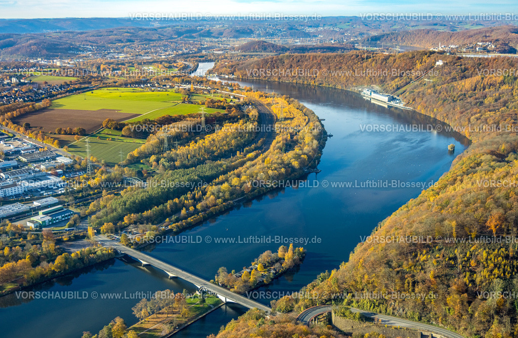 Hagen251103506 | Luftbild, Hengsteysee und Brücke Dortmunder Straße, Uhlenbruch Landschaftsschutzgebiet und herbstliche Bäume, Ardeywald Gebirge, Boele, Hagen, Ruhrgebiet, Nordrhein-Westfalen, Deutschland