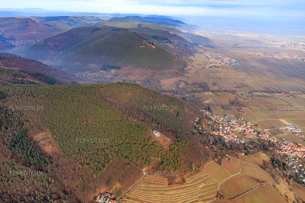 Luftbild: Haardtrandpanorama im Winter aus Süden von der St.-Anna-Kapelle bis zum Hambacherschloss in Burrweiler im Bundesland Rheinland-Pfalz in Deutschland. Foto: IMG_096512.jpg vom 02.02.2017 durch Werner Riehm/FLY-FOTO.de