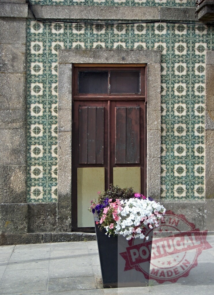 Azulejo tiled facade with old wooden door and petunia flowers | Old building entrance featuring a patterned azulejo facade and a flower planter on the street - Realisiert mit Pictrs.com